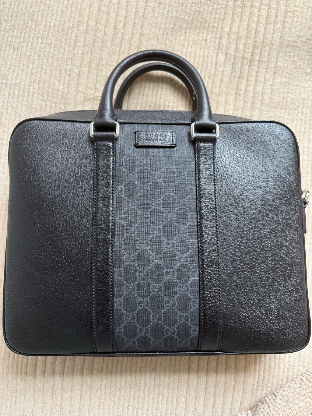 Gucci Black And Gray Men's Leather Briefcase With Signature Gg Panel